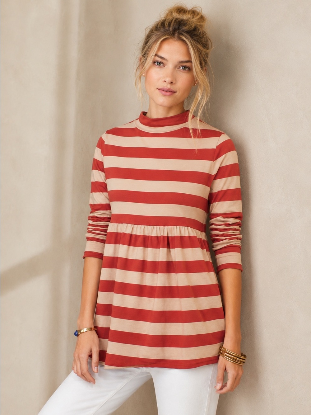 We The Free Stripe Mock Neck Babydoll blouse Sz Large